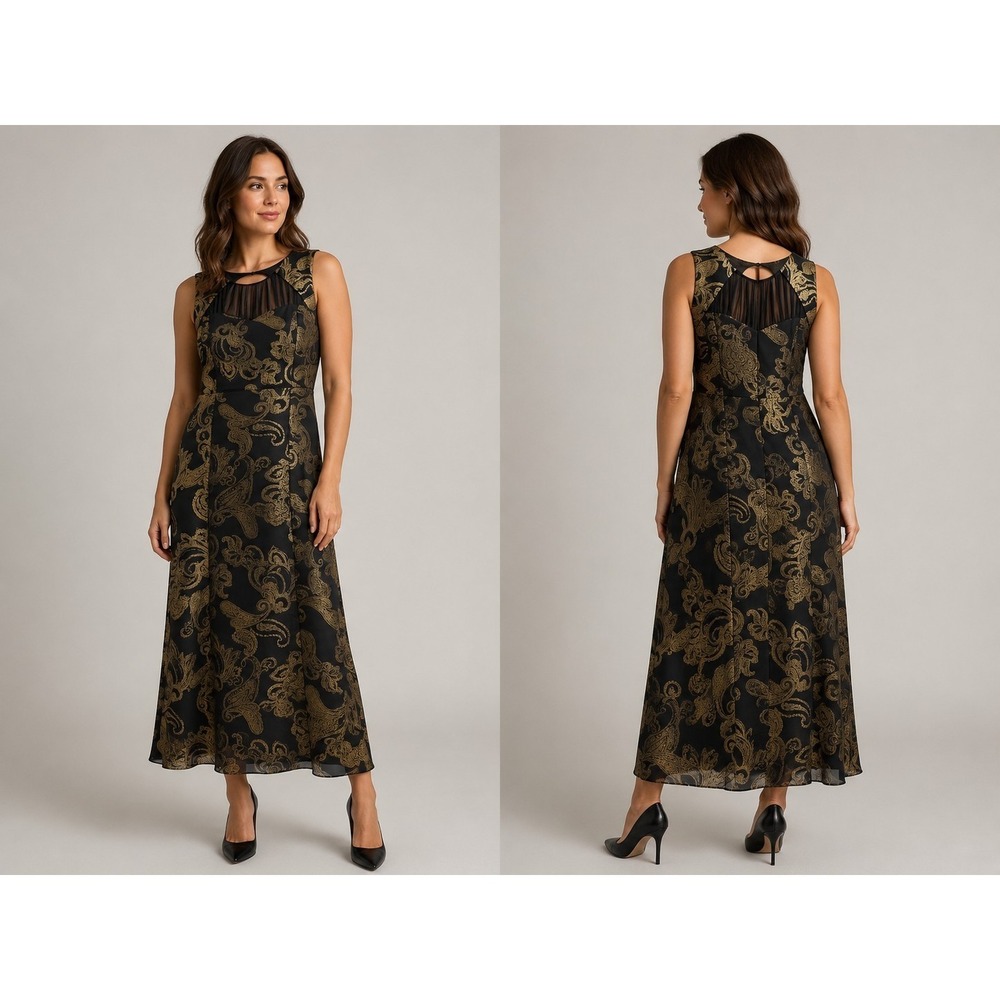 Womens Black Gold Paisley Maxi Dress Sleeveless Sheer Yoke Evening Cocktail...